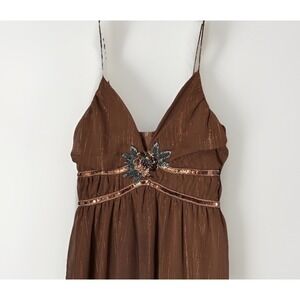 Y2K Brown Metallic Spaghetti Strap Dress Beaded Empire Waist Party Small